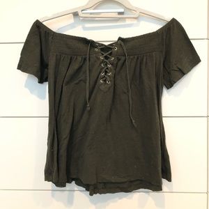 Off the shoulder, olive tie shirt